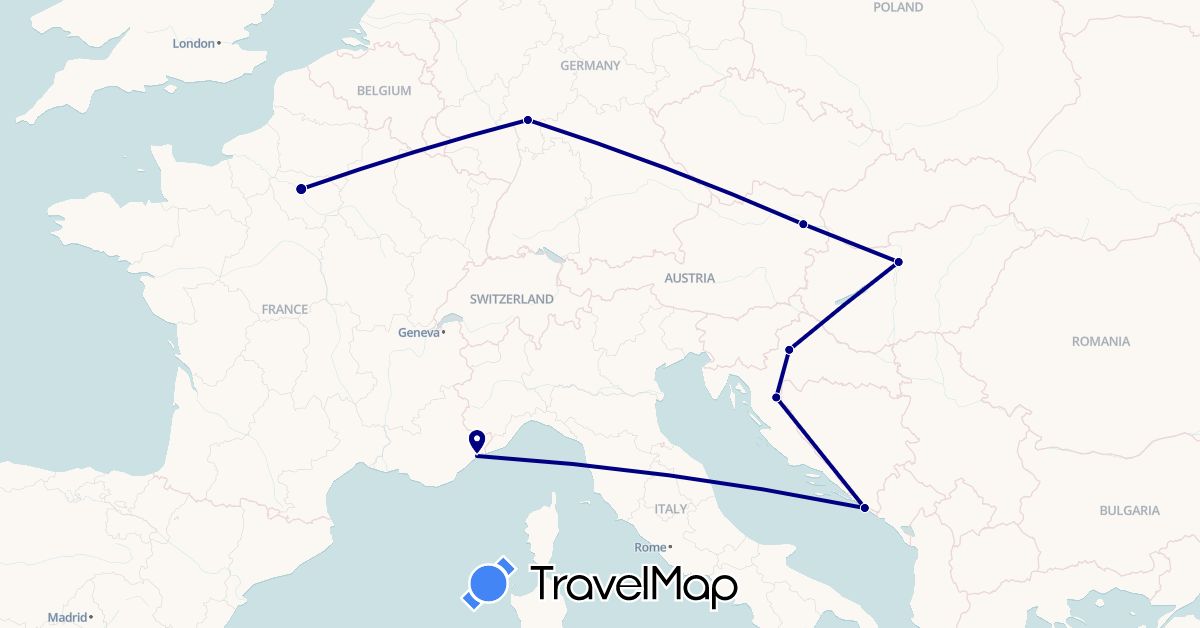 TravelMap itinerary: driving in Austria, Germany, France, Croatia, Hungary (Europe)